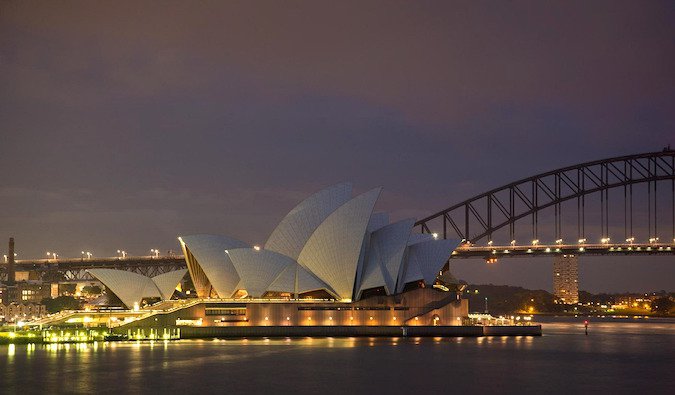 Famous landmark Sydney Opera House lit up at night