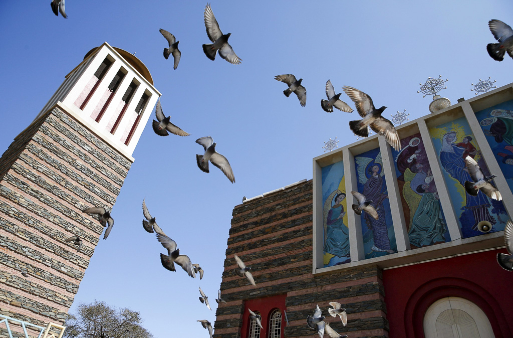 Pigeons fly outside the Nda Mariam Orthodox Cathedral in Eritrea's capital Asmara, February 16, 2016. Eritrea's capital city boasts one of the world's finest collections of early 20th century architecture, which the authorities want declared a UNESCO World Heritage Site. REUTERS/Thomas Mukoya
