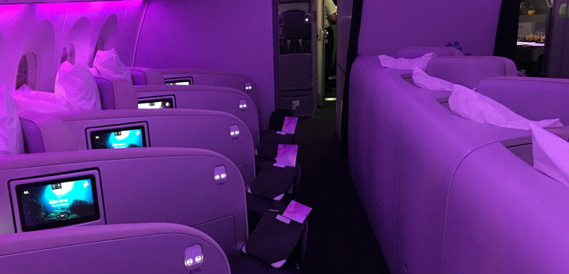 Air NZ's selection of a pearlescent moulding material for its seats means that it can dramatically change the mood of the cabin.