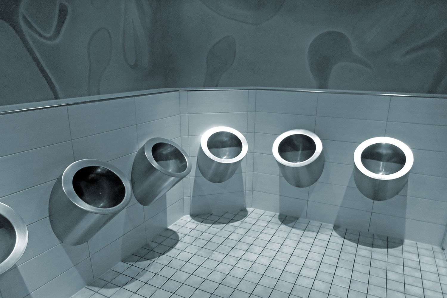 The ultra-modern men's restroom designed by Helmut Jahn in the Sony Center in Berlin