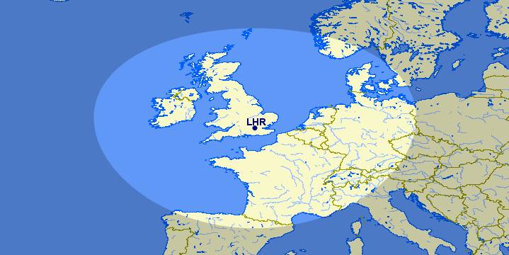 Map of destinations with 650 miles of LHR