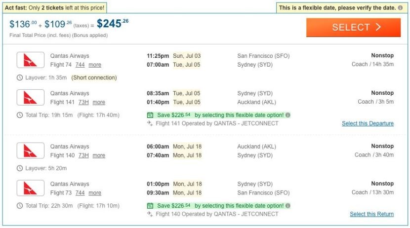 San Francisco (SFO) to Auckland (AKL) for $225 on Qantas.