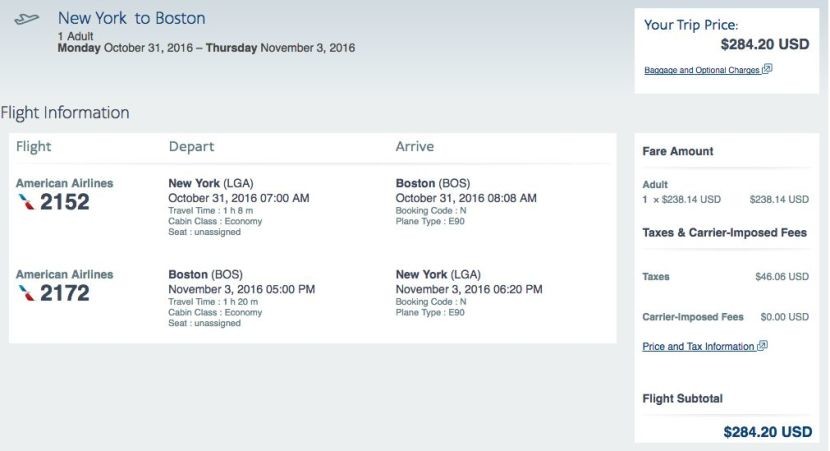 LGA to Boston for $294 on American Airlines.
