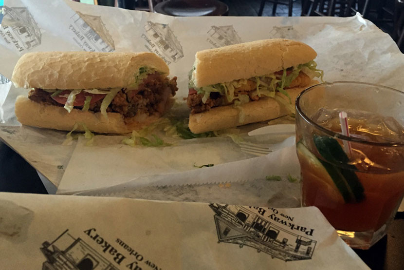 Po'boy, half fried oyster, half fried Gulf shrimp, and a Pimm's Cup, at Parkway Bakery and Tavern.