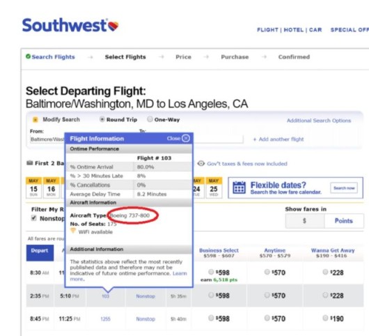 To find out which aircraft your flight uses, just click on the flight number.