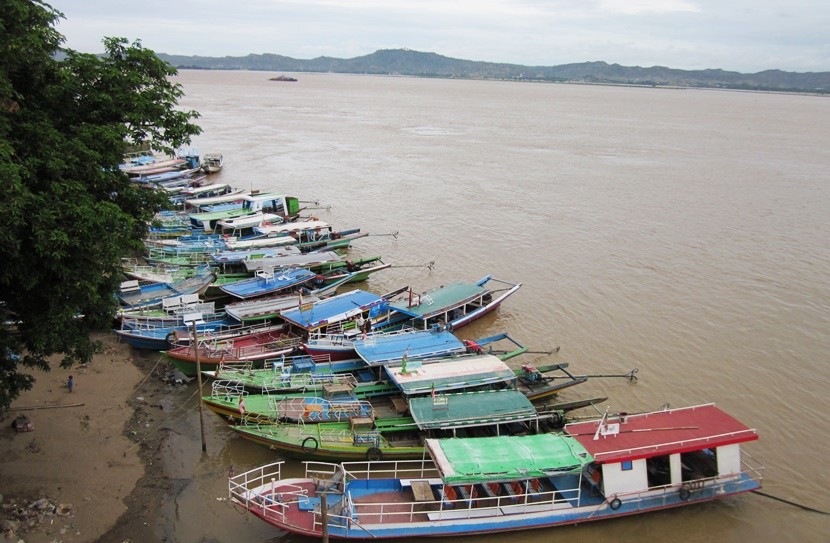 Boats docked on the Irrawaddy River in Bagan.