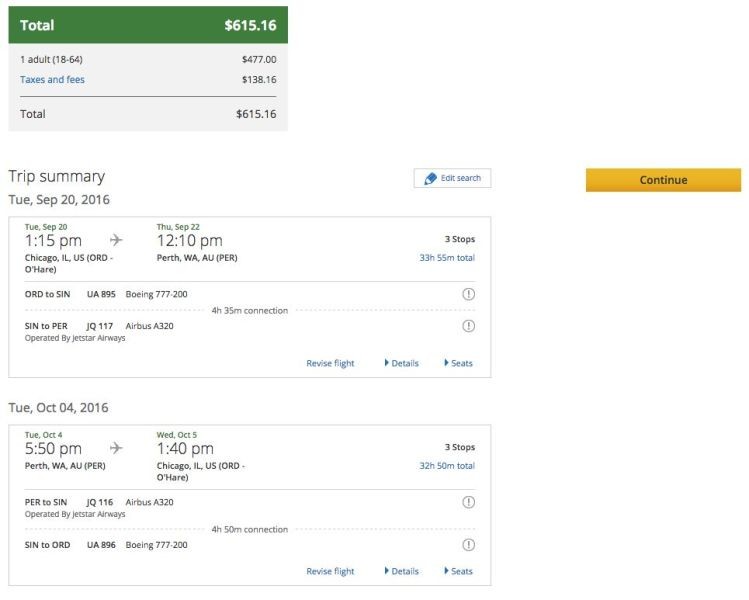 Chicago (ORD) to Perth (PER) for $615 on United and Jetstar.