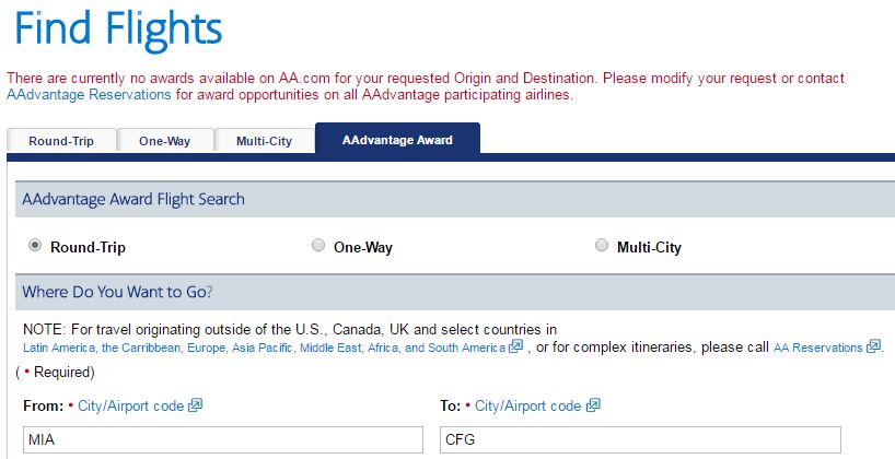 Right now, you can't use AA.com to book - or even search - award tickets to Cuba.