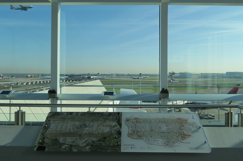 The LHR Terminal 4 viewing deck has good views, tablets displaying planes above the airfield, and binoculars.
