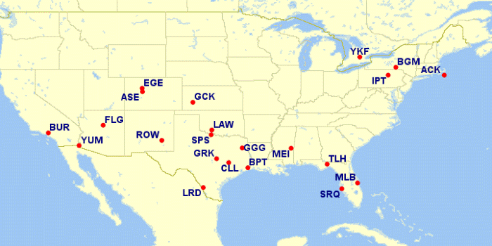 Reduced mileage cities for July. Image courtesy of Great Circle Mapper. Read more: http://thepointsguy.com/2016/04/aa-reduced-mileage-awards-april-july-2016/#ixzz4ATkcw5mu