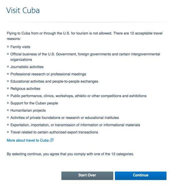 Upon checking out, AA reminds you of the acceptable reasons to travel to Cuba.