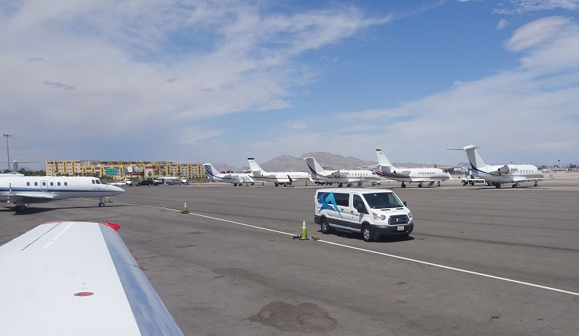 A shuttle van awaits. Even closer to the aircraft (not pictured): Limos!