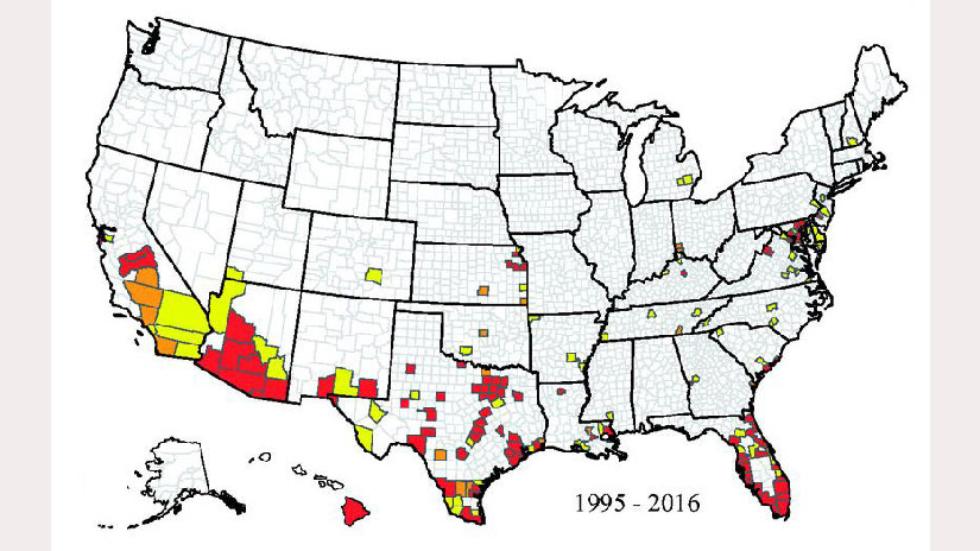 Red denotes findings of Aedes aegypti mosquitoes in at least three years during this time frame. Orange is two years, and yellow is a single year. White means they weren't found in any of those years. Map: The Center for Disease Control