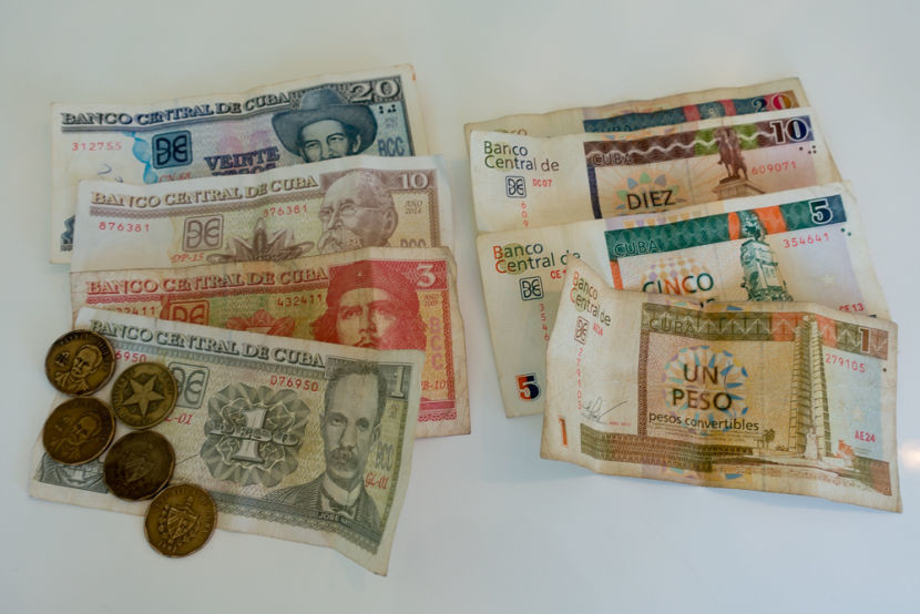 On the left Cuban Pesos, and the right, CUC (Cuban Covertible Pesos). 