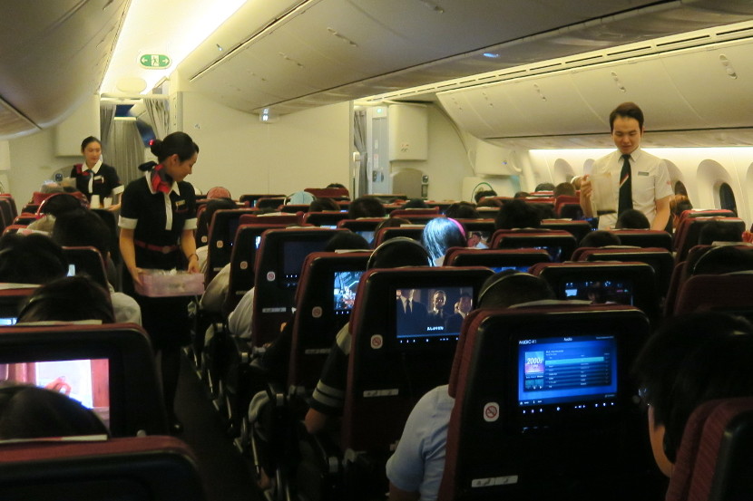 The JAL flight attendants on this flight were attentive and passed through the cabin frequently.