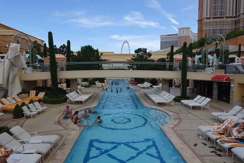 The pool area is situated on two different levels.