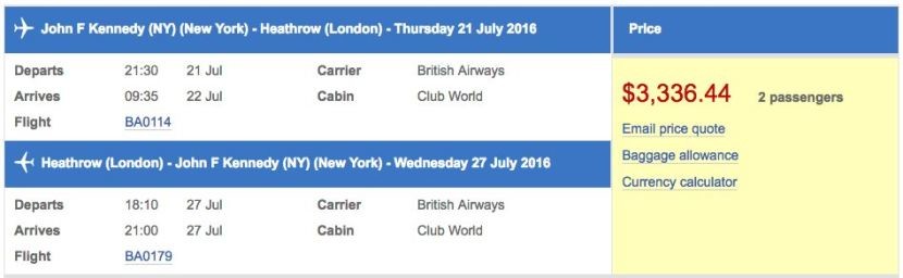 New York (JFK) to London (LHR) in business class on British Airways for $3,336 (two passengers).