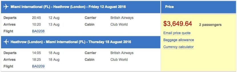 Miami (MIA) to London (LHR) in business class on British Airways for $3,650 (two passengers).