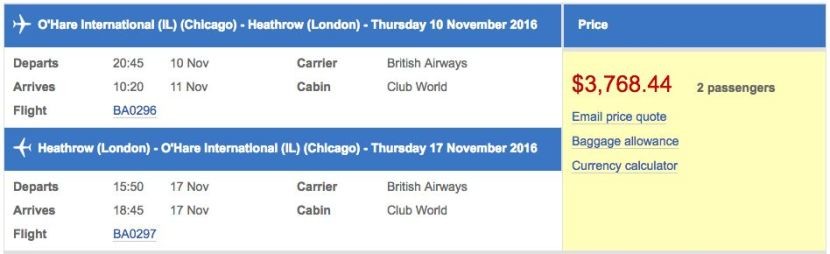 Chicago (ORD) to London (LHR) in business class on British Airways for $3,768 (two passengers).