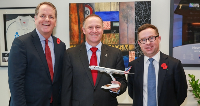 AA CEO Doug Parker, NZ Prime Minister John Key and Qantas CEO Alan Joyce