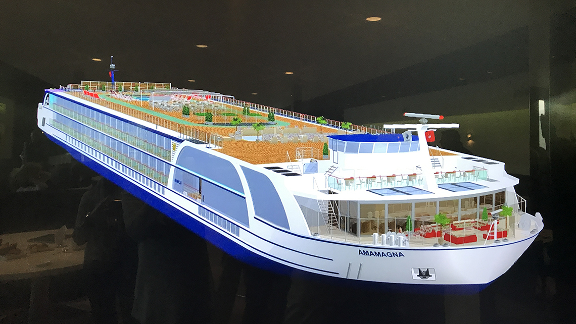 Model of the AmaMagna, a river cruse ship that AmaWaterways says will be Europe's largest