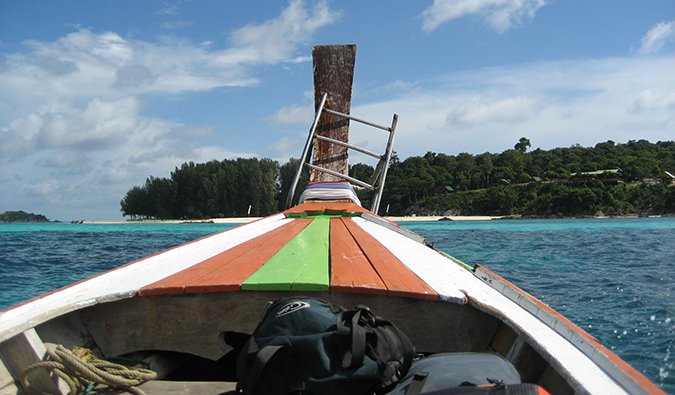 view from the bow of the boat arriving in Ko Lipe