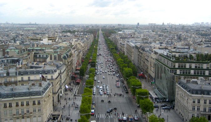 A view from above of the gorgeous Champs Elyses, a famous walking street in Paris