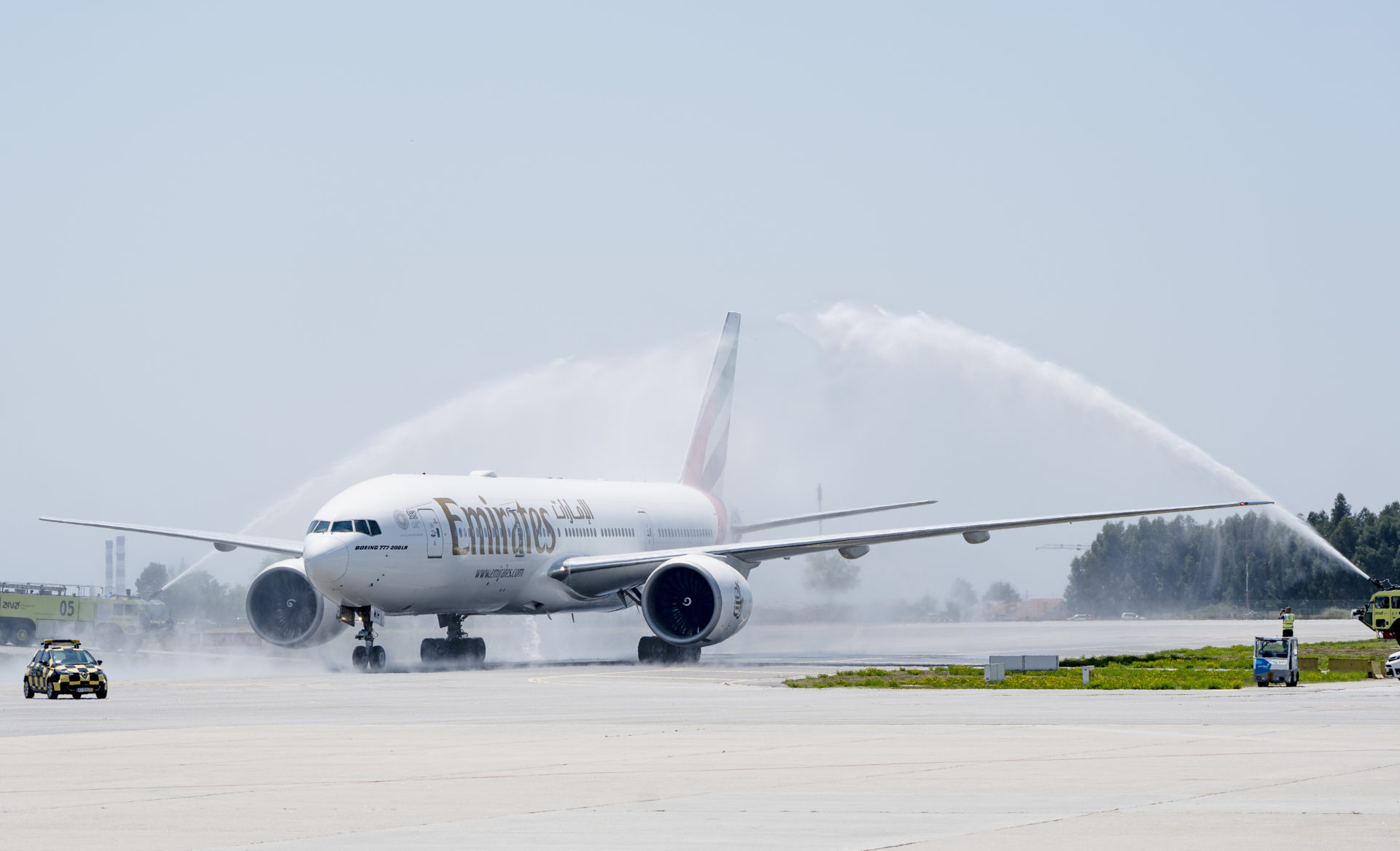 PRT- 02JUL2019 •	Emirates’ Boeing 777-300ER is welcomed with a water cannon salute after touchdown at Porto Airport today for the airline’s newest service launch.
 Photo by Rui Coutinho