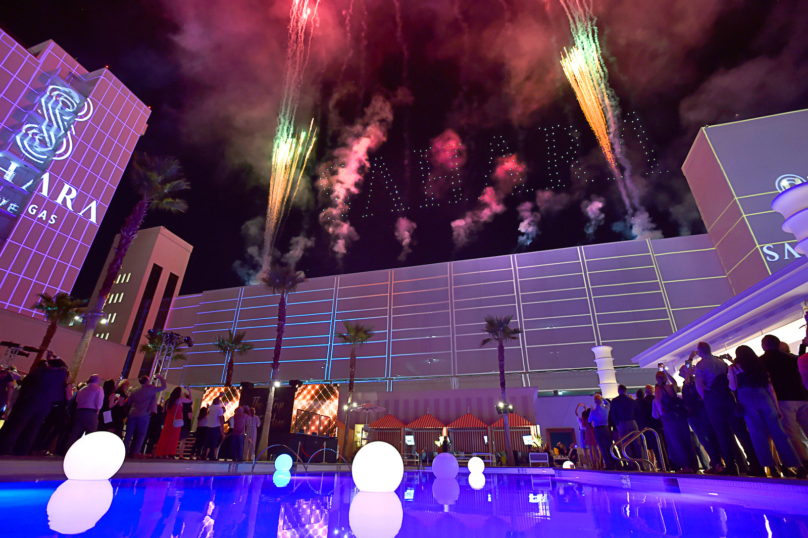 Flying drones light up the word "SAHARA" as the SLS Las Vegas is rebranded to Sahara Las Vegas during an announcement event at the Foxtail Pool at SLS Las Vegas on Thursday, June 27, 2019, in Las Vegas.